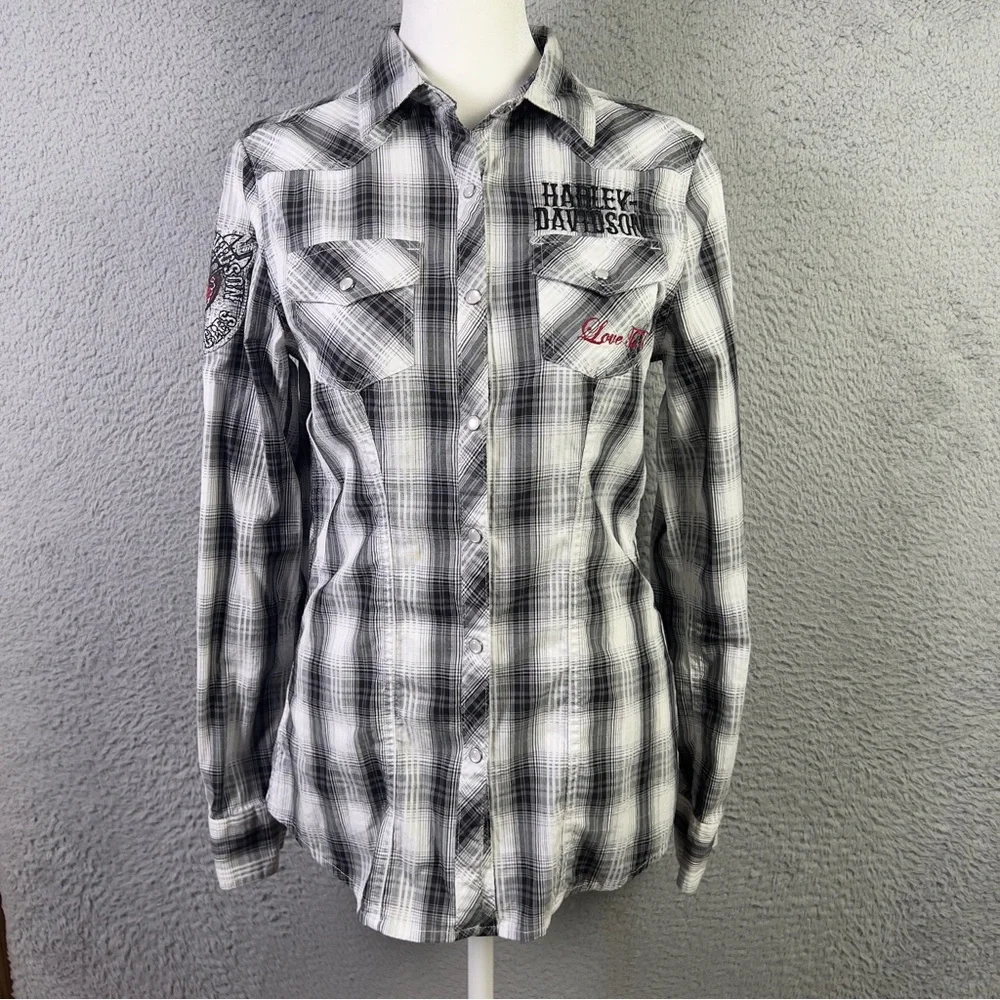Harley Davison Shirt Womens Small Multicolor Plaid Button Embroidered Heart Y2K - Picture 2 of 10
